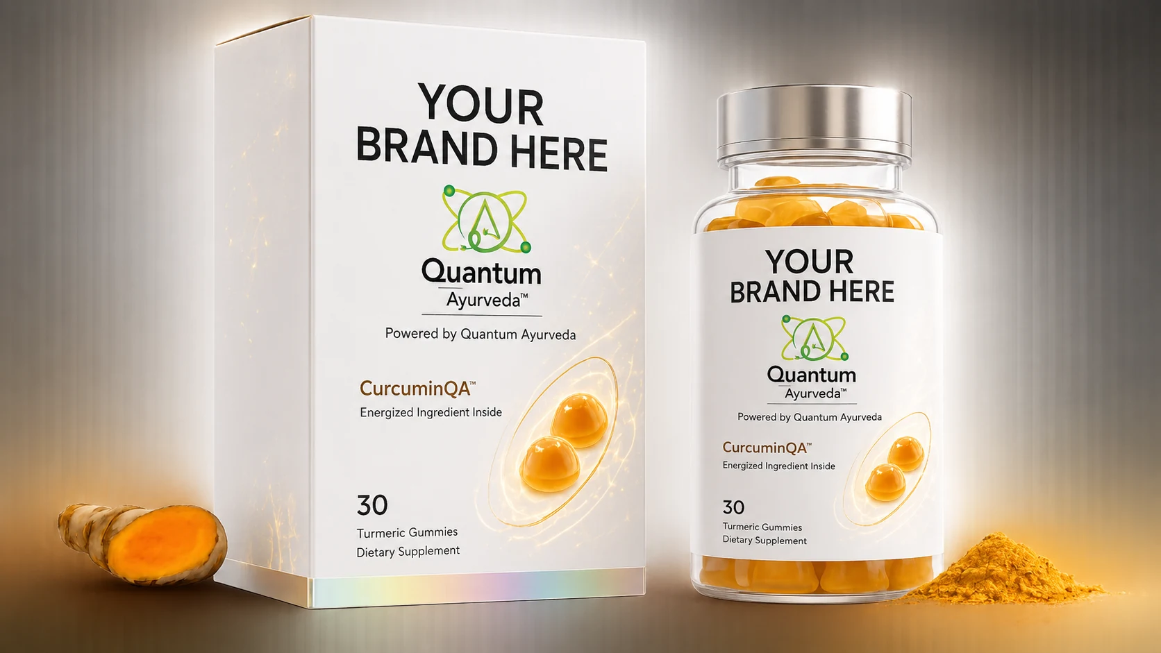White-label CurcuminQA gummy supplement box and bottle marked “Your brand here”, powered by Quantum Ayurveda, with fresh turmeric root and a pile of turmeric powder