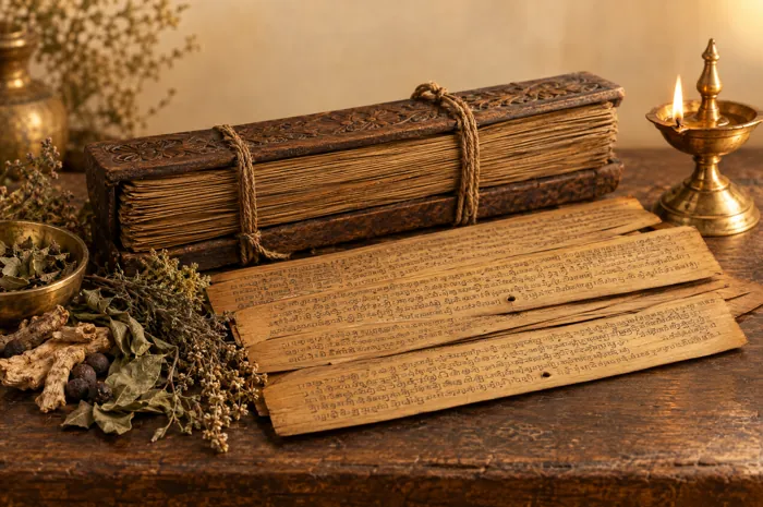 Illustration: an ancient palm-leaf manuscript beside dried herbs and a brass oil lamp