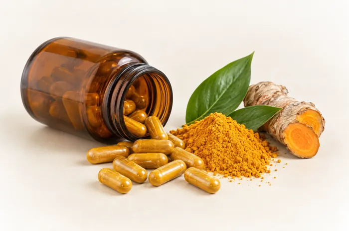 Supplement capsules spilling from an amber bottle beside turmeric extract powder and a fresh turmeric root