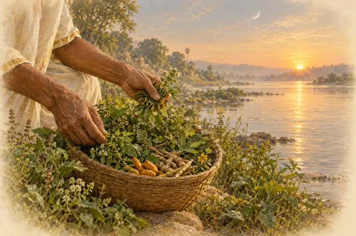 Illustration: a healer gathering medicinal herbs by a river at dawn, a crescent moon in the sky