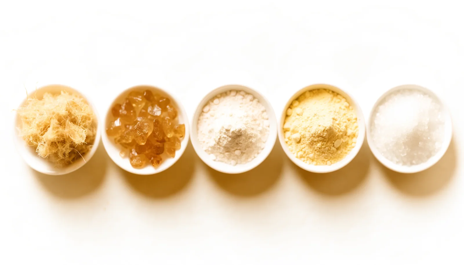 The five materials in bowls: AKBA-QA, fenugreek fiber, bromelain, magnesium and vitamin K2-7