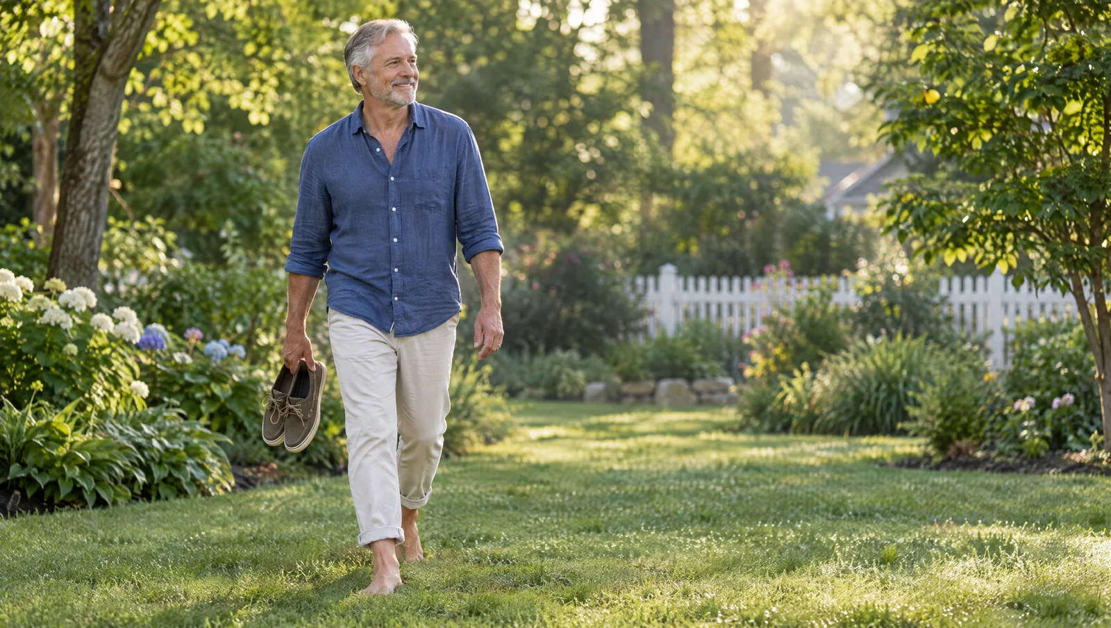 A man walking barefoot across morning grass, shoes in hand