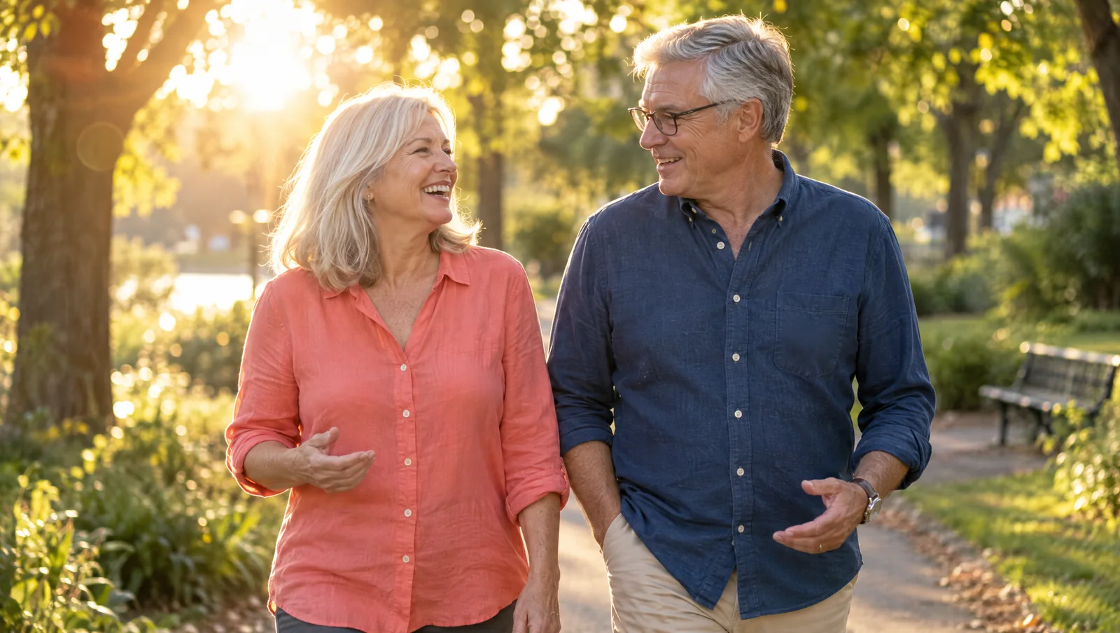 An older couple walking and talking on a sunny garden path
