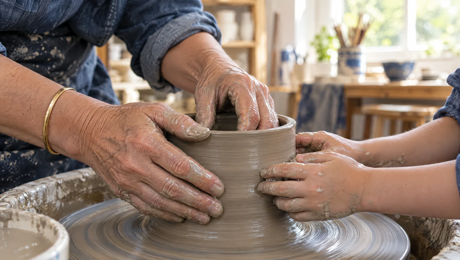 A grandmother's hands and a child's hands shaping clay on a potter's wheel